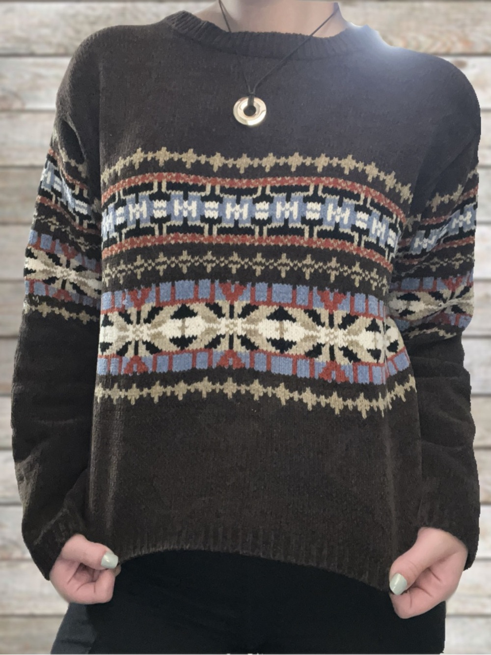 Vintage brown with  blue and orange pattern  fair-isle knit nuggets sweater